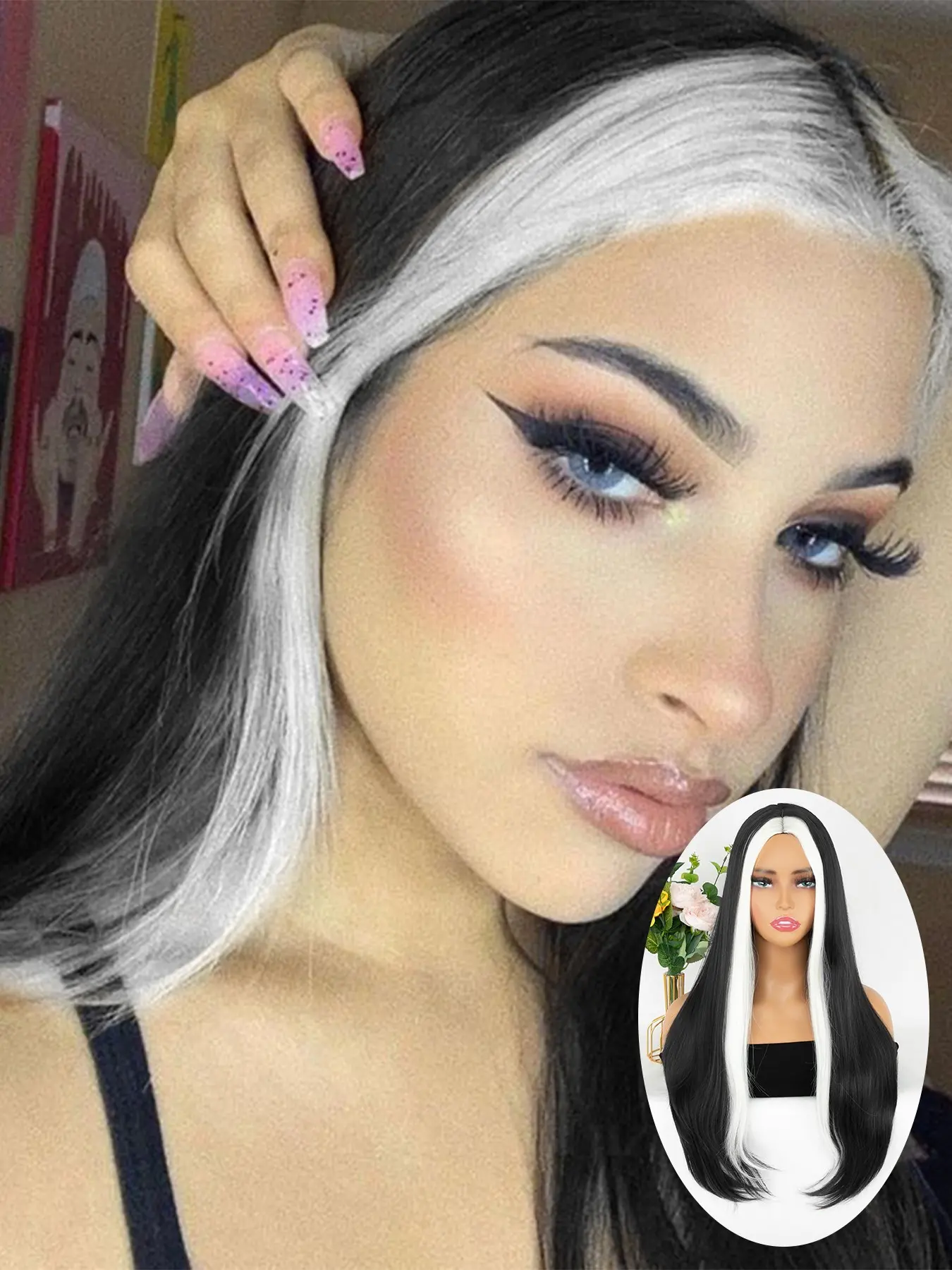White luminous silk during the day or under the light absorb light in the dark or at night bright Black long straight hair Synthetic Hair suitable Women for Christmas holiday daily women wear fashion Synthetic Hair wig Woven hair melody Wig for Halloween