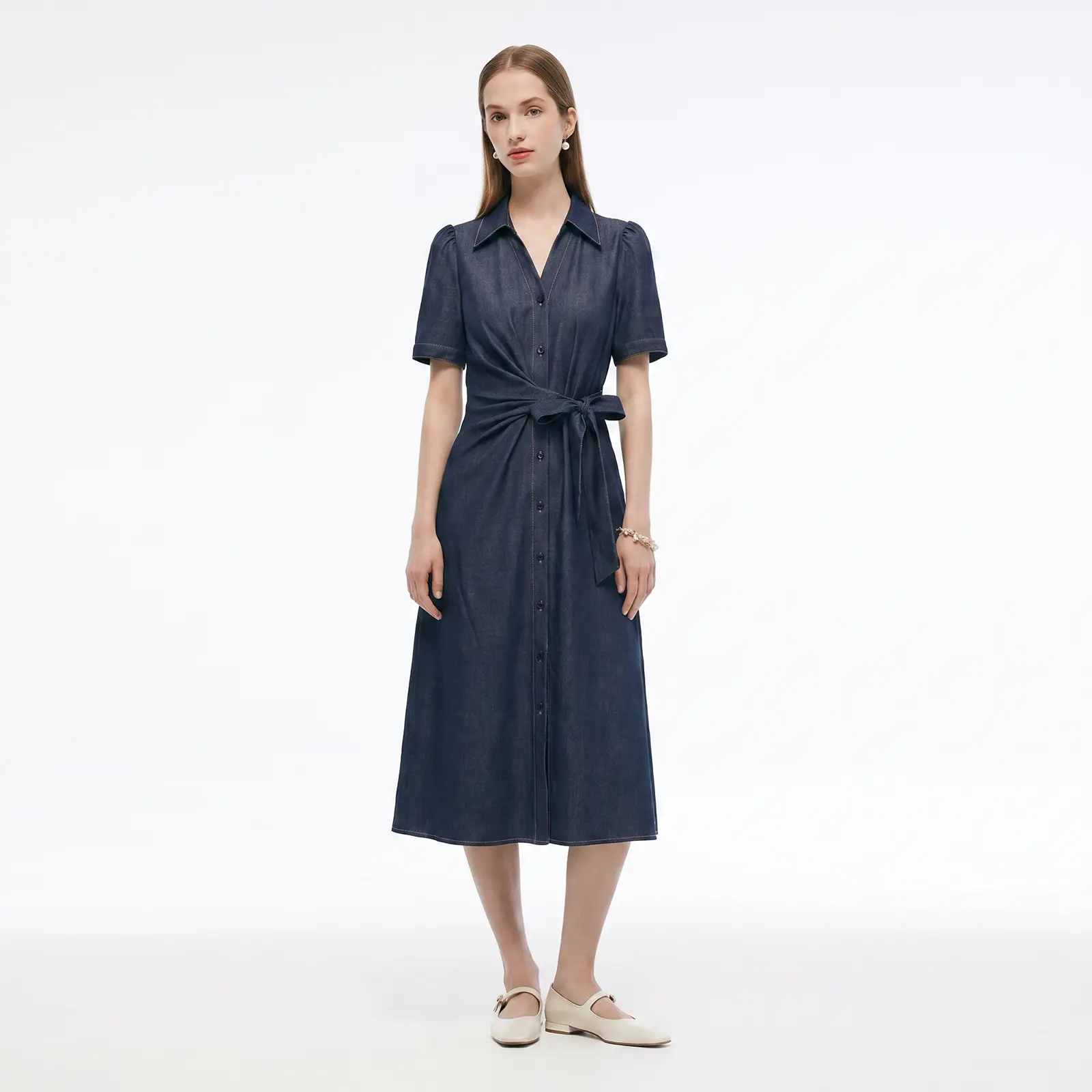 GOELIA Casual Viscose-Elastane Blend Shirt Collar Dress, Relaxed-Fit Casual Dress for Daily Wear for Ladies
