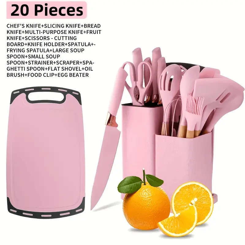20pcs Silicone Kitchenware Set with Storage Bucket: Food-Grade, Non-Stick, And Easy-To-Clean Cooking Set Featuring Spoons, Spatulas, Cutting Boards, Fruit Knives, Chef'S Knives, And Other Kitchen Essentials, Perfect As a Housewarming Gift