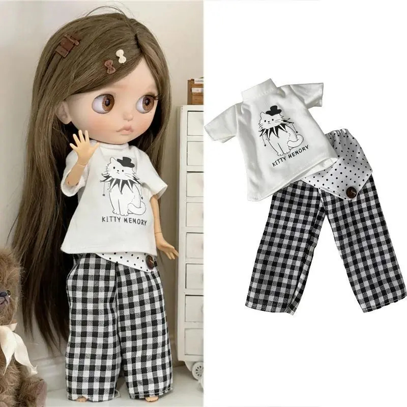 For Blythe Doll Clothing Princess Lace Maid Skirt Set Cartoon Cat Plaid Pants Vintage Dress Clothes OB24 OB22 1/6 Accessories