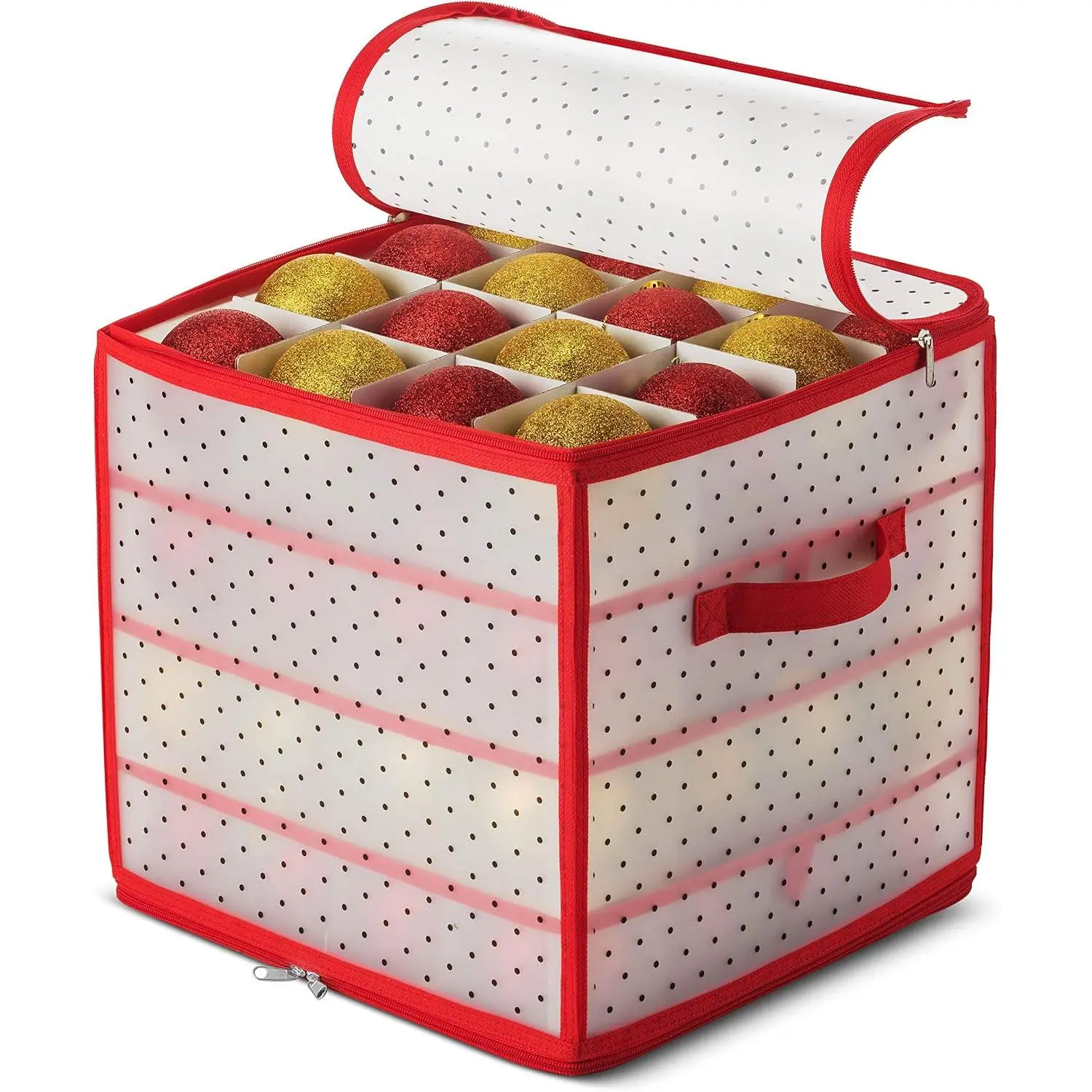 Christmas Ornament Storage Box Plastic - Stores 64 3" Ornaments with Individual Trays - Ornament Organizer Storage Box, Durable Christmas Containers Holder - Red