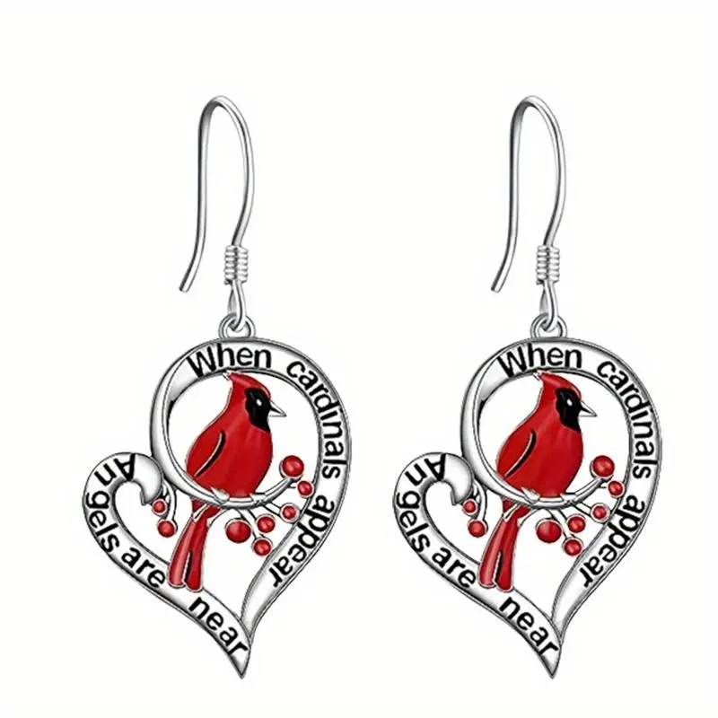 2025 1 Pair Heart-Shaped Hollow Red Cardinal Pendant Men's Earrings Christmas Party Commemorative Accessories Gift Jewelry