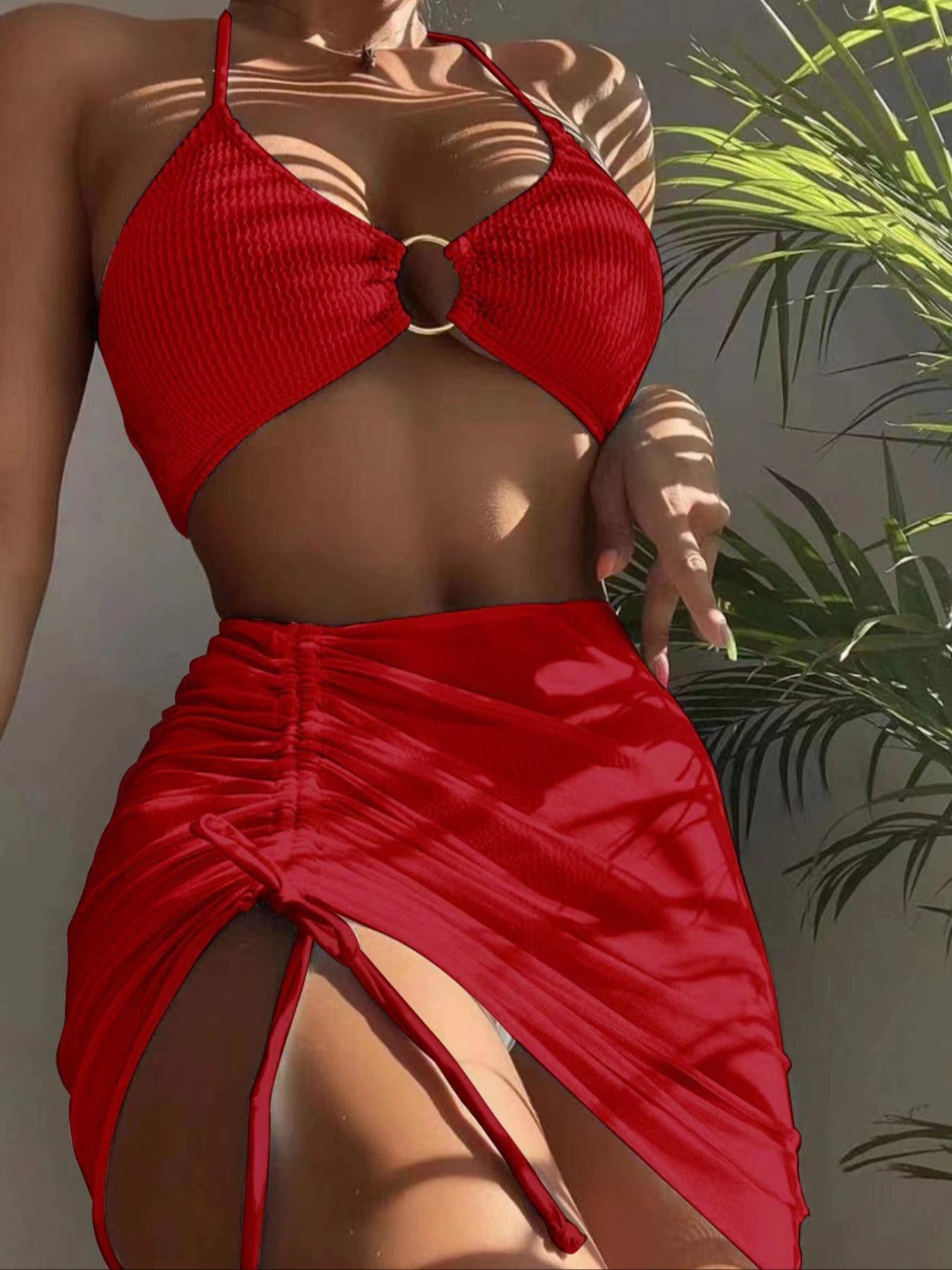 Women's Ring Linked Halter Bikini Top & Drawstring Skirt & High Cut Bikini Bottom Set Bikinis, Sleeveless Triangle Swimsuit Top & Skirt & Swim Bottom Set, Ruched Bikini Bottoms