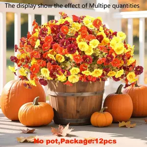 12 Bundles Fall Flower Faux Mums for Outdoor,UV Resistant Silk Morning Glory Artificial Fake Flowers with Eucalyptus for for Autumn Garden Patio Yard Balcony Front Door Planter Decor