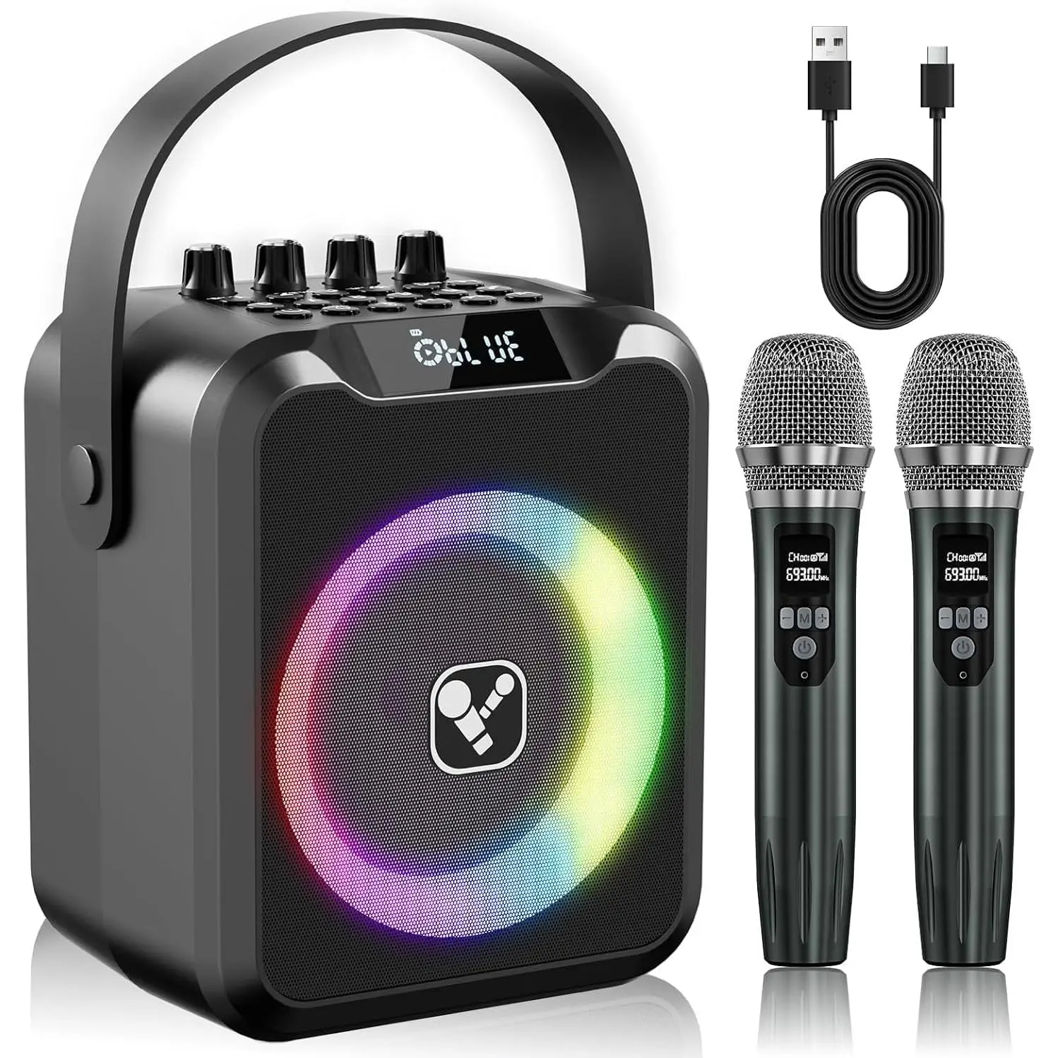 Portable Karaoke Machine with 2  Microphones for Adults & ,Rechargeable Karaoke Mic with 6 Voice Changer,Karaoke Speaker Supports ,USB,Live,AUX,TF,MIC