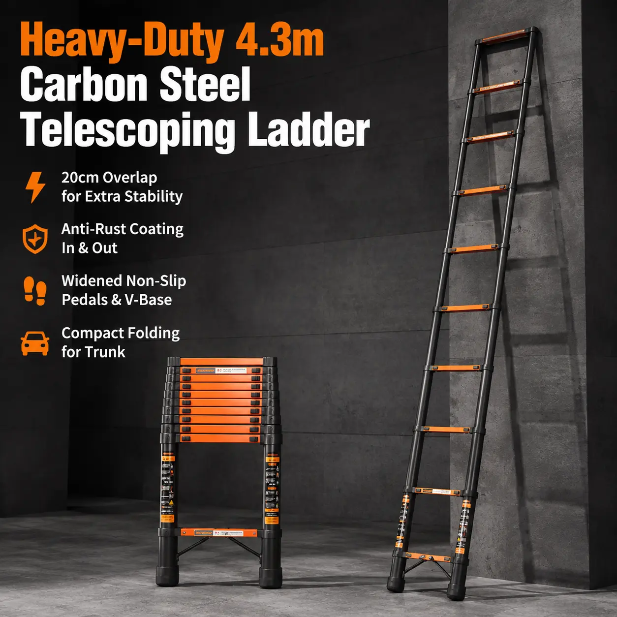 Heavy-Duty Carbon Steel Telescoping Ladder - 14.1FT, Seamless Tube with 20cm Overlap, 4-Layer Rust-Proof Coating, Compact Straight Ladder for Home, Outdoor Construction