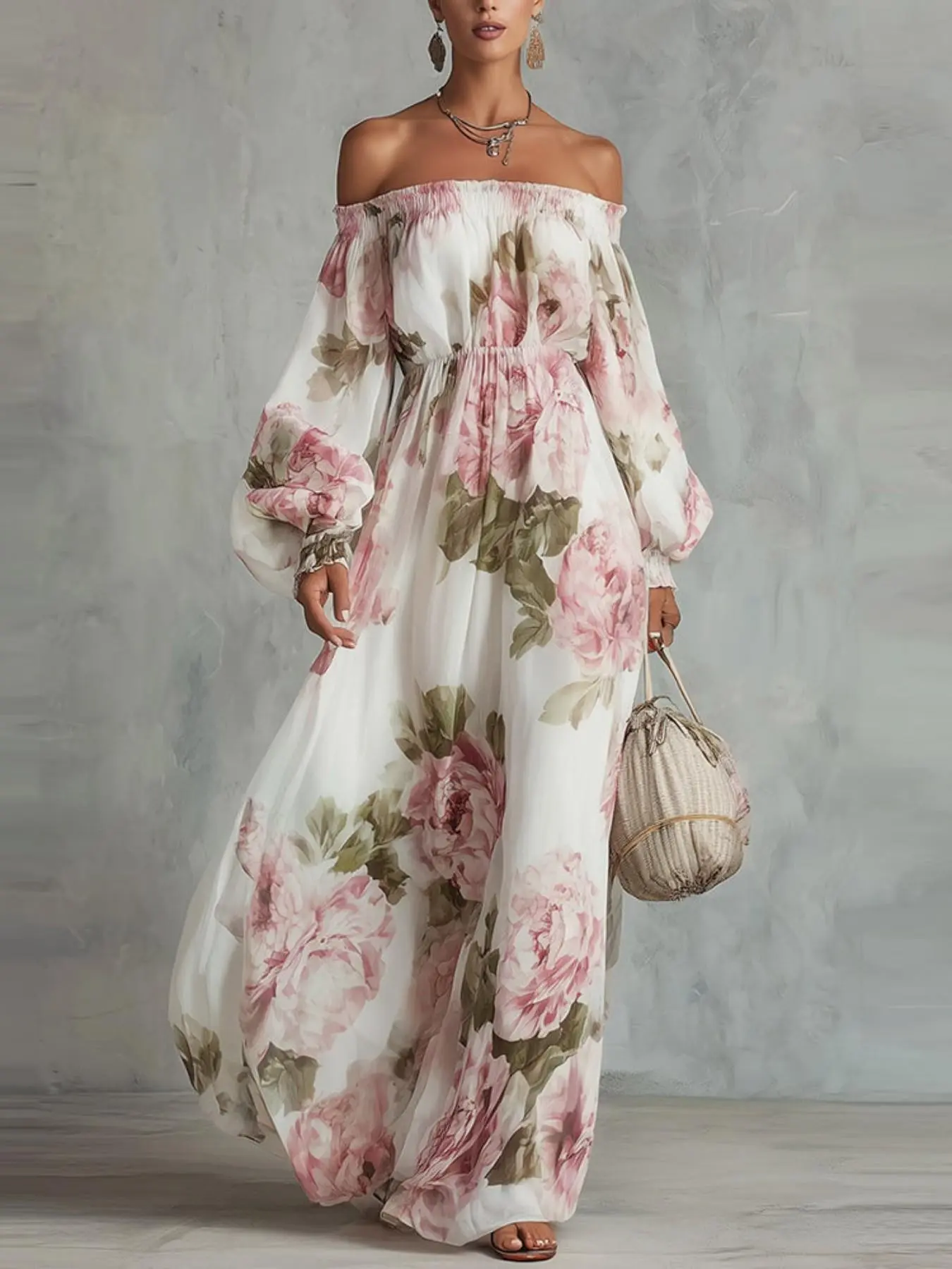 Elegant French Print Off-Shoulder Midi Dress, Sleeveless Floral Fitted Dress, Vintage Pleated Sexy Waist Slimming Long Dress, Chic and Graceful
