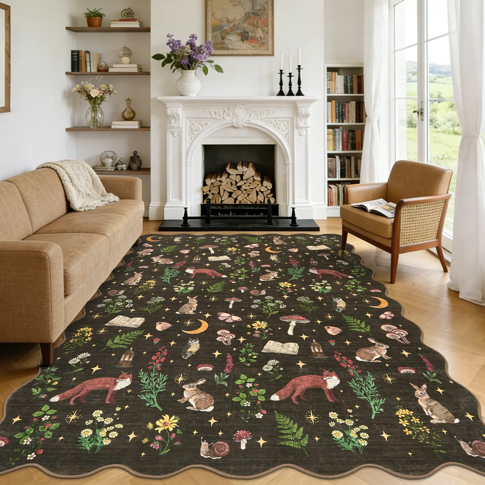 Washable Scalloped Animal Print Rugs for Living Room, Soft Non Slip Cute Rabbit Mushroom Nursery Rugs Low Pile Ultra Thin Large Carpet Rug for Farmhouse Kids Bedroom Dining Room