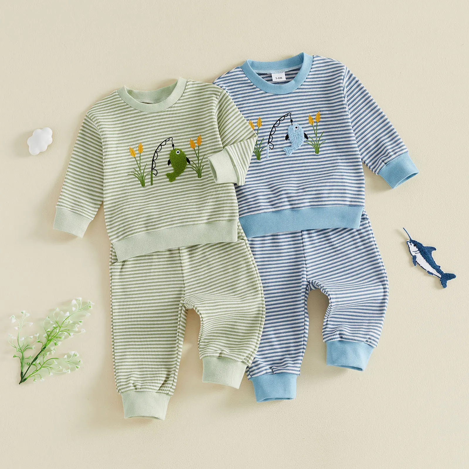 Toddler Baby Little Boy Fall Waffled Outfits Stripe Long Sleeve Sweatshirts Pullover Joggers Pants Set 3M-3T