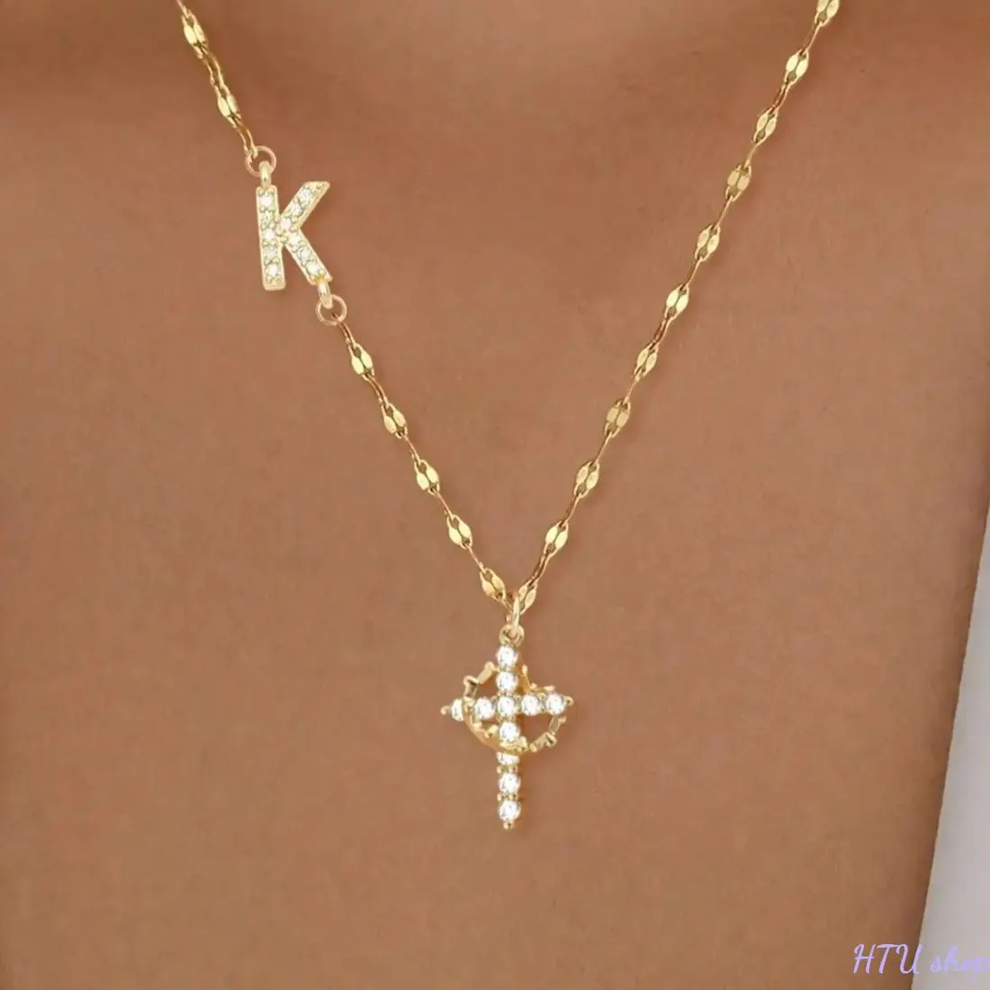 Zircon Cross Crown Statement Necklace for Women, Gothic Stainless Steel Pendant, Hypoallergenic Non Tarnish Jewelry for Street Style, Zircon Gemstone Necklace, Religious Cross Pendant, Cross Necklace