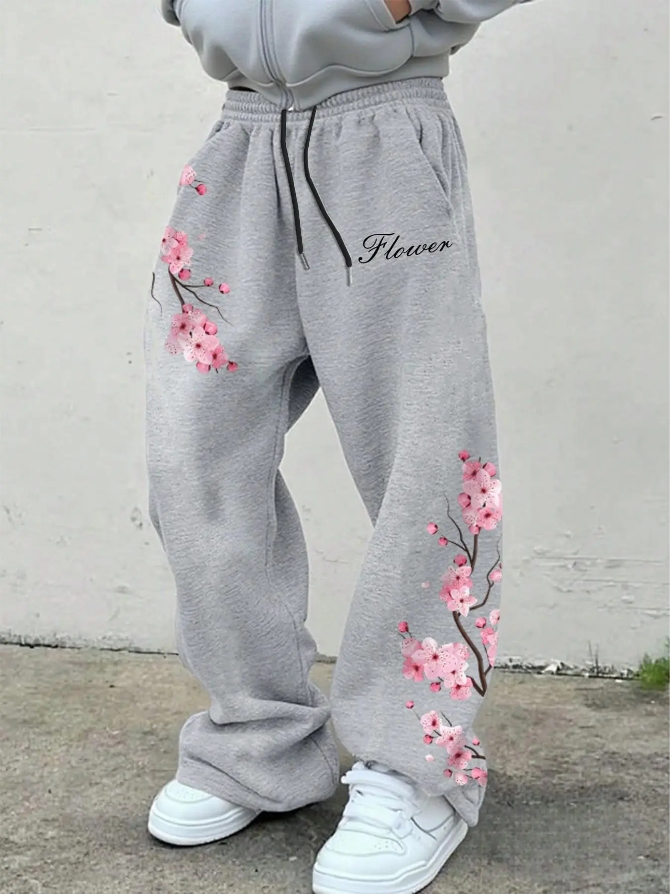 Y2K Street Style Casual Aesthetic Summer Sakura Floral Flower Print Pants, Loose-Fitting Wide Leg Adjustable Drawstring Long Pants, Unisex Fashion for Streetwear, Bottom, Trouser