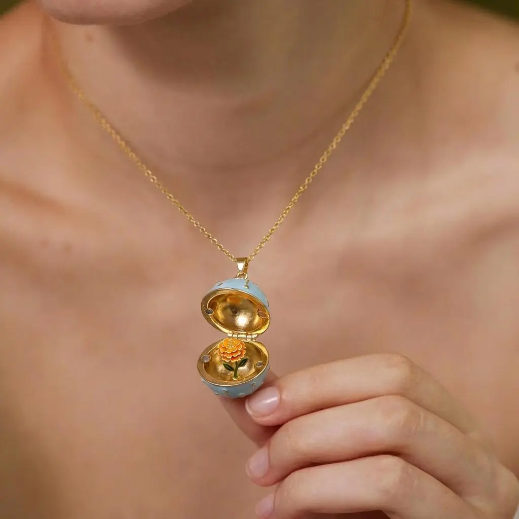 Vintage Faberge Style Egg Necklace, Aesthetic Birthday Flower Accessory, Gold Tone Enamel Jewelry, Unique Birthday Gift for Her