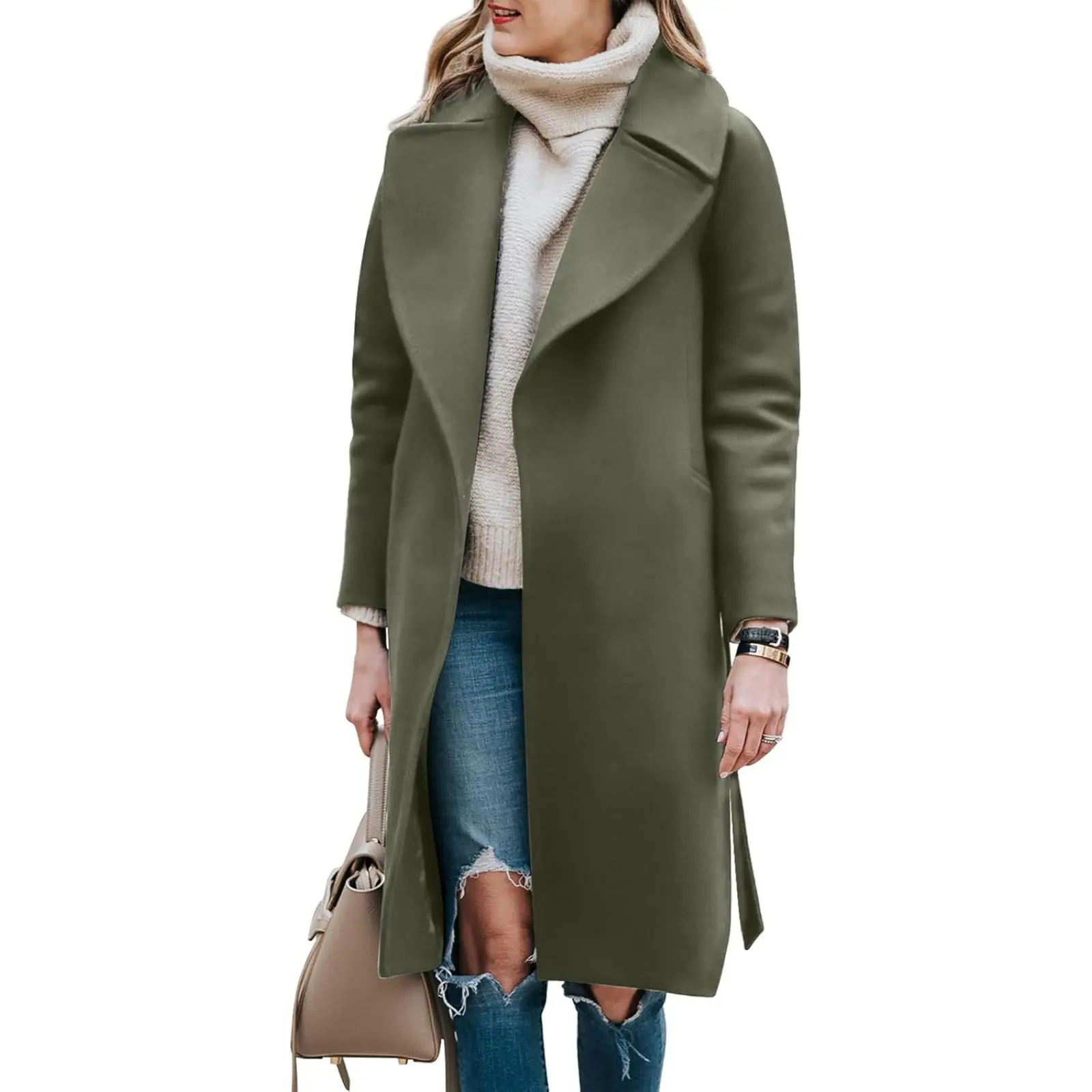 Yousify Women's Trench Coat Long Wool Blend Pea Coat Winter Casual Overcoat Notched Lapel Collar Belted Long Jacket Outerwear