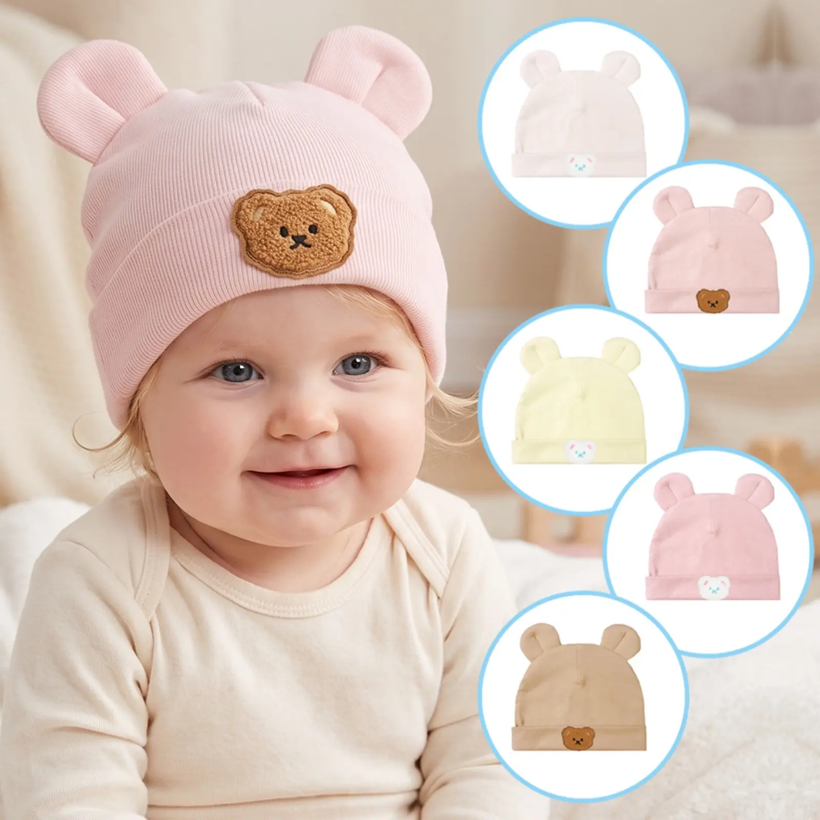 Unisex Ribbed Knit Beanie with 3D Bear Ears & Embroidered Patch, Soft Stretch Skull Cap in Neutral Colors for All Seasons Daily Wear, Knitted Ribbed