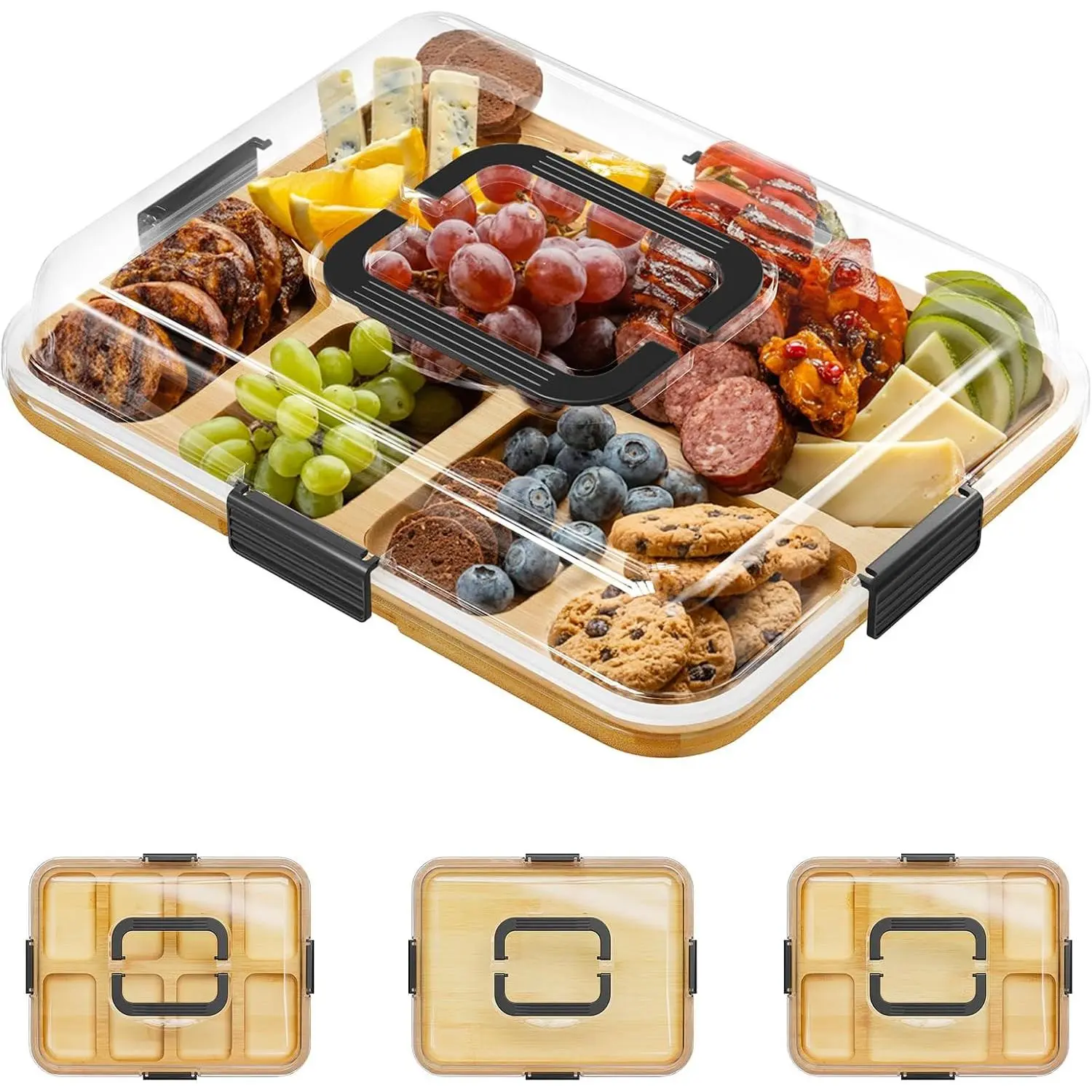 Charcuterie Board with Clear Lid, Portable Travel Cheese  Boards for Picnic Accessories,  Serving Tray with , House Warming Gifts, Black Handles, 8 Compartments