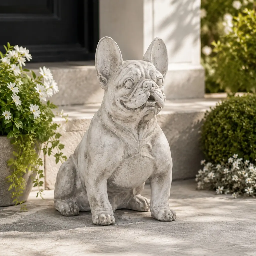 Outdoor French Bulldog Stone Sculpture, Rustic White Garden Statue, Cast Stone Patio Decor, No Assembly Required