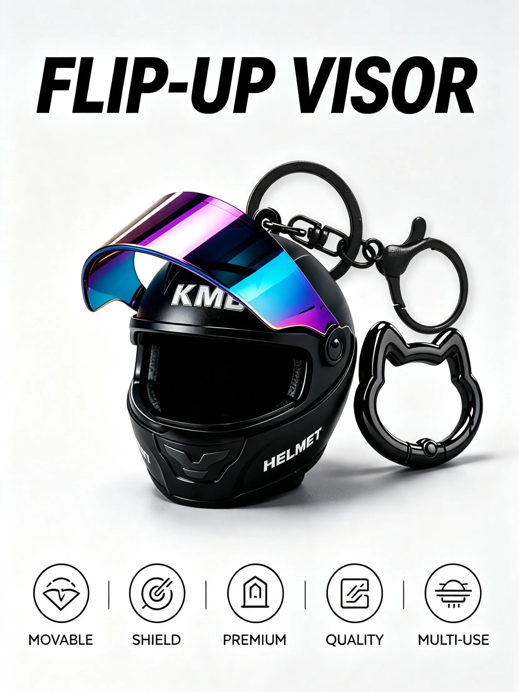 2Pcs/Set-Motorcycle Helmet Keychain Pendant with Spare Cat Ear Key Rings Clip, Key Charms, Gradient Lens Helmet Keyring Motorcycle Bag Charm,Flip-Top Motorcycle Cap Biker Keychains For Rider Men Women Backpack Car Accessories