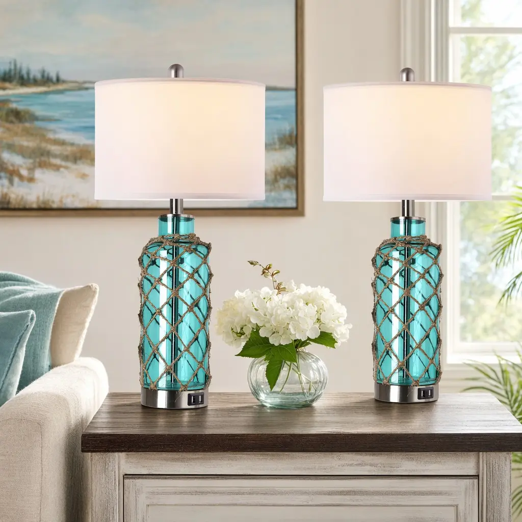 ARCH Cottage Nautical Table Lamp Set of 2, Touch Control Coastal Blue Green Glass Rope Net Bedside Nightstand Desk Lamp with 2 USB Ports, 3-Way Dimmable, White Shade, 2 LED Bulbs Included, for Living Room Bedroom, Green Color Options
