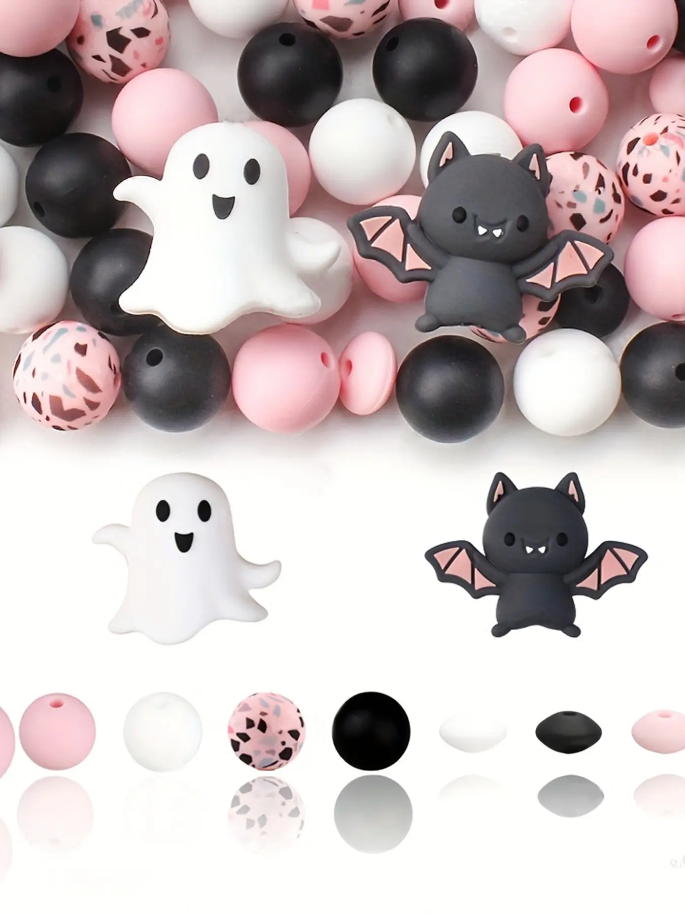 [Halloween Silicone Beads] 35pcs 3D Halloween Theme Silicone Beads Set 15mm Ghost Bat Pink Color Focal Beads Decorative Beads for Keychain Jewelry Making Crafts DIY Pen Beaded Accessories Beads & Bead Assortments Beads Mix