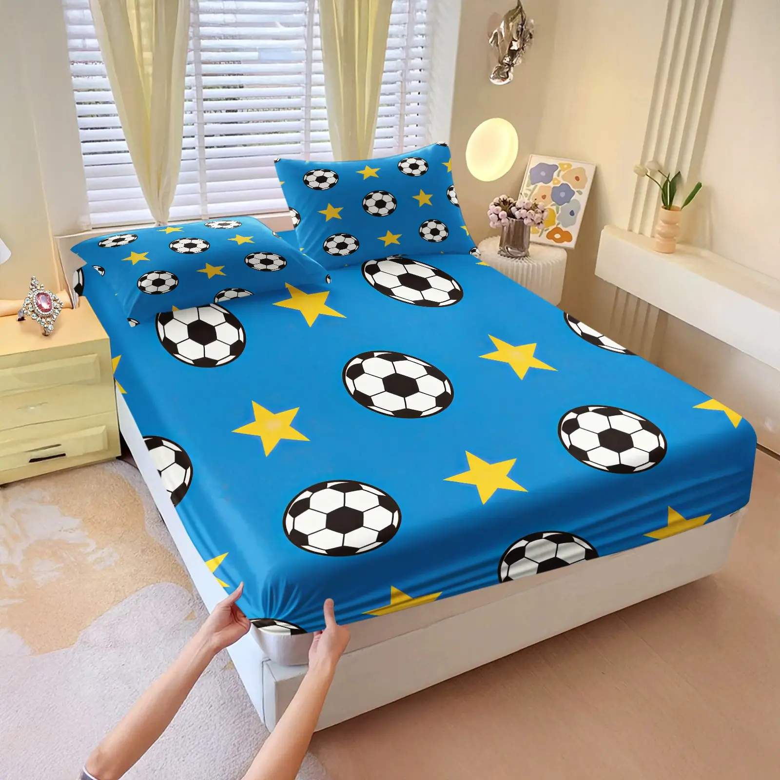 Bright Blue Base Star Soccer Ball All Over Print Fitted Sheet Set 3Pcs, 1 Fitted Sheet & 2 Pillowcases Without Pillow Inserts, Soft Microfiber With HD Printing, Machine Washable And Suitable For All Seasons, Sports Style Home Bedding For Fans' Bedrooms An