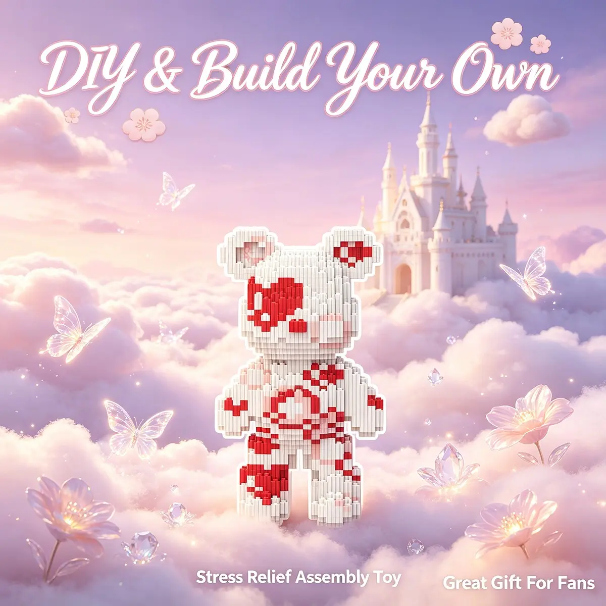 Cloud Castle Heart Bear 3D Interlocking Puzzle Block Decor, Ideal for Home Office Shelves, Party Decor, Perfect Gift for Holidays, Handmade Craft