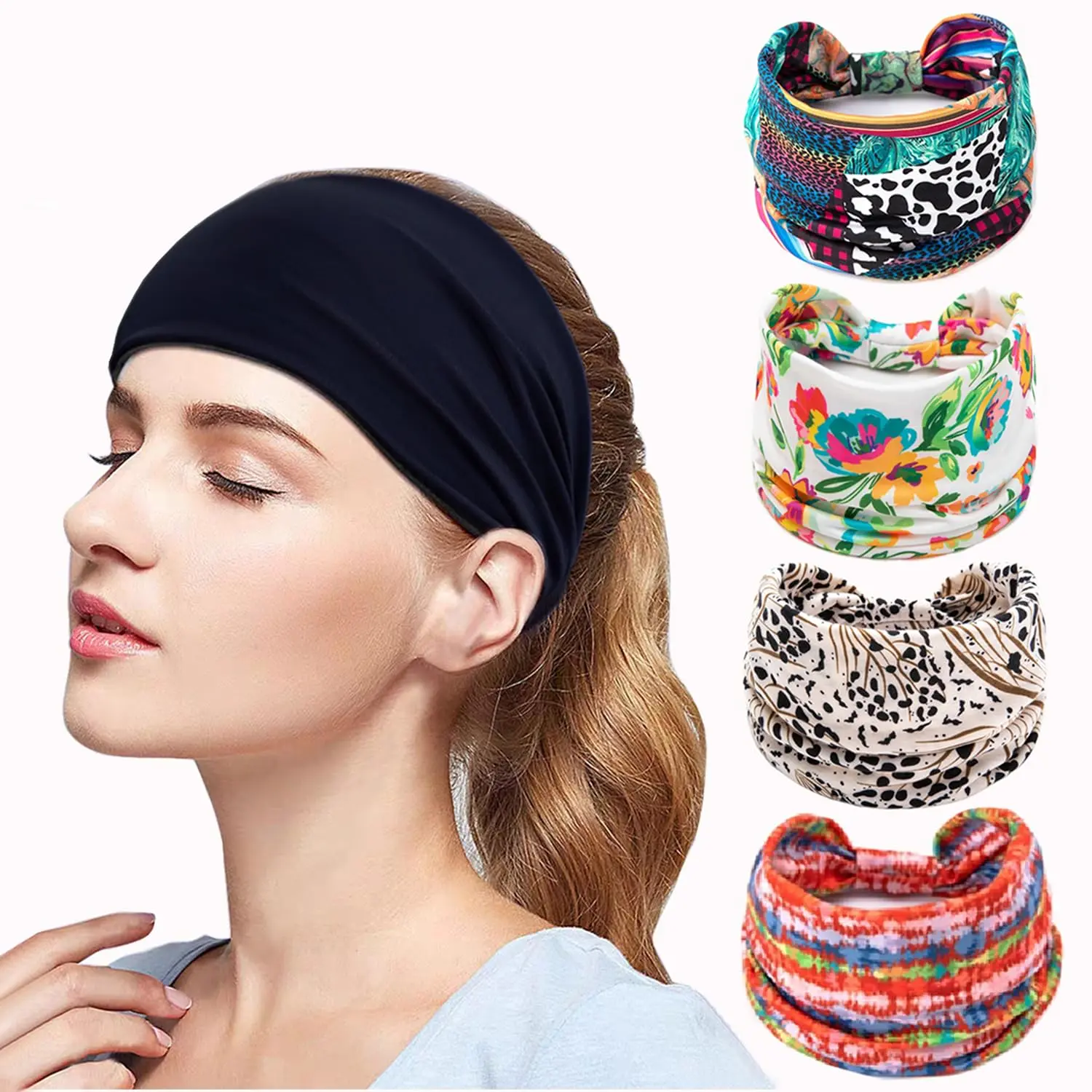 Wide Headbands for Women and Girls - Non-Slip Elastic Sweatband for Exercise, Running,  & Yoga (Mix Style 5 count A)