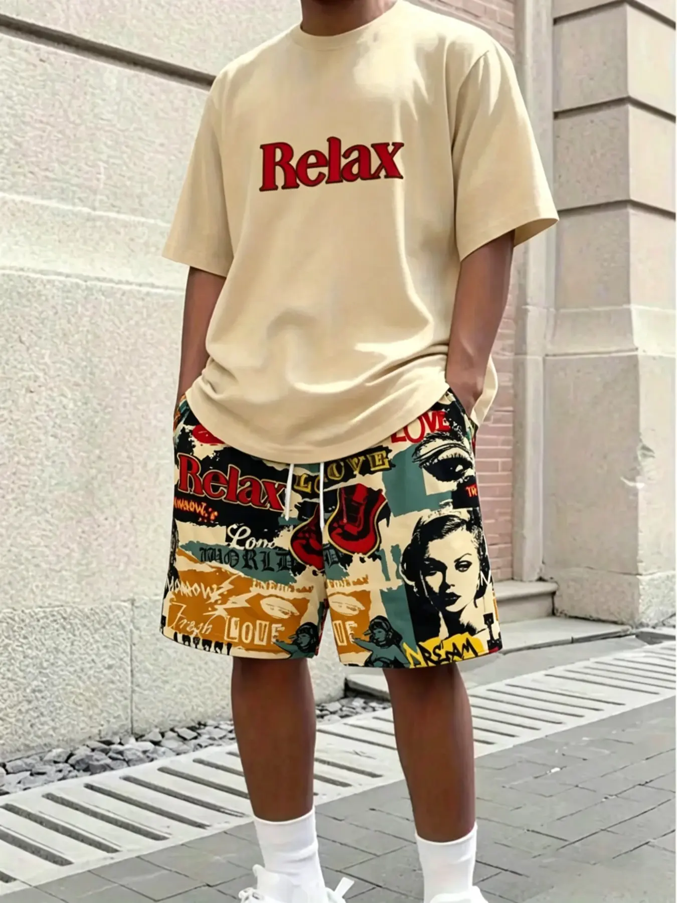 Men's 'relax' Letter Print T-Shirt + Graffiti Shorts Set, Outfit, Menswear, Casual Streetwear, Fashion, Loose-Fit, Baggy, All Seasons, Graphic Pattern
