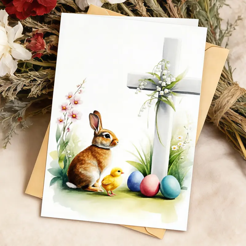 A watercolor Easter greeting card featuring a rabbit, a chicken, a cross, and an egg, with a blank inside page, suitable as a gift for religious spring celebrations