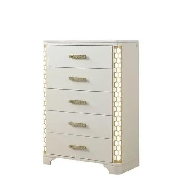 Nokaa 5-Drawer Chest with Side LED Lighting for Bedroom, Modern Acacia Wood Dresser with Gold Accent Pulls, Upholstered Beige Storage Cabinet, 18L x 37W x 53.5H, Ample Drawer Storage for Clothes, Linens, and More, Beige Color Options, Wood Material