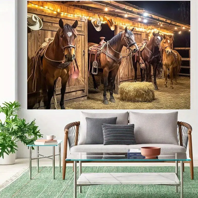 Large Indoor Western Cowboy Barn Polyester Backdrop Banner - Americana Festive Backdrops & Banners with Horse Scene, Durable, No Electricity Needed, Suitable for Parties/Weddings, Ceremony