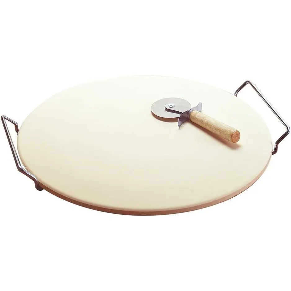 Pizza Stone Oven to Table Ceramic Stoneware with Metal Serving Rack, 14.75-Inch, White