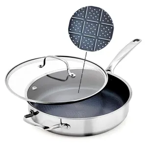 Hybrid Nonstick Stainless Steel 4QT Saute Pan with Glass Lid, PFAS-Free Ceramic Diamond Bond, Deep Jumbo Skillet, Induction Ready, Dishwasher & Metal Utensil Safe, Stay-Cool Handle
