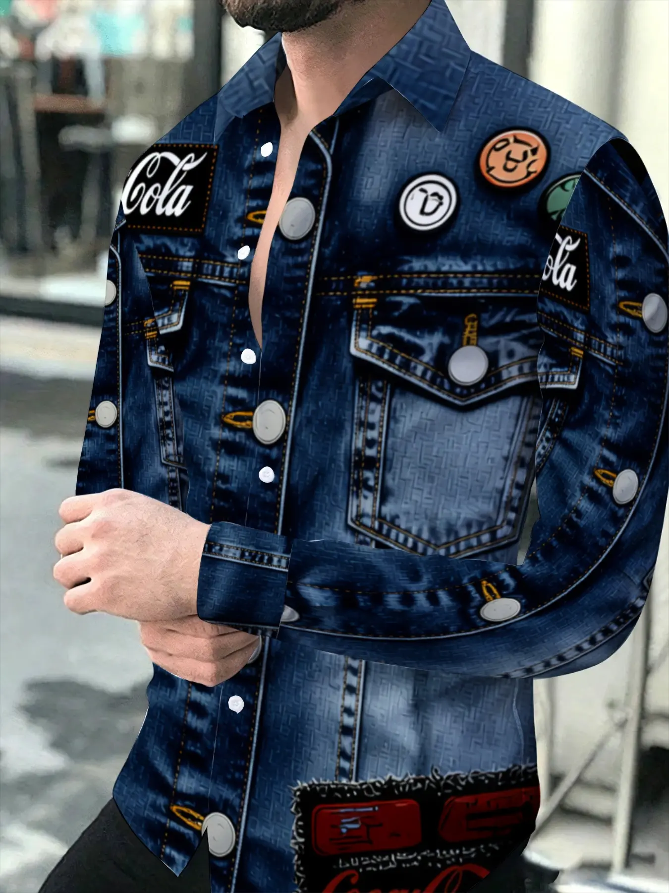 2026 New Men's Denim-Effect Print Oversized Long Sleeve Shirt, Casual Stylish Collared Top, Casual Button Front, Button Up