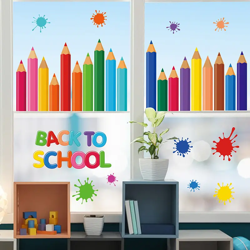 Back to School Window Stickers, Colorful Pencil Paint Splatter Window Decals for Classroom Decor