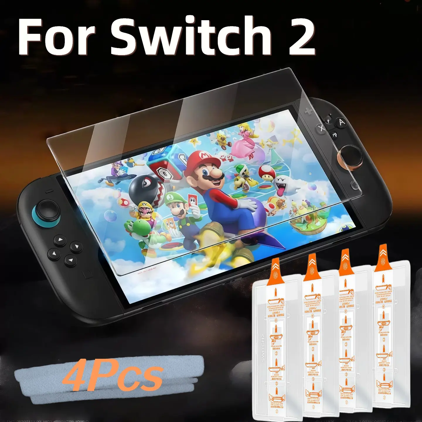 4-Pack Switch2 7.9 Inch Screen Protector, HD Tempered Glass Film, 9h Hardness, Dust-Free Bubble-Free, Easy Installation Kit