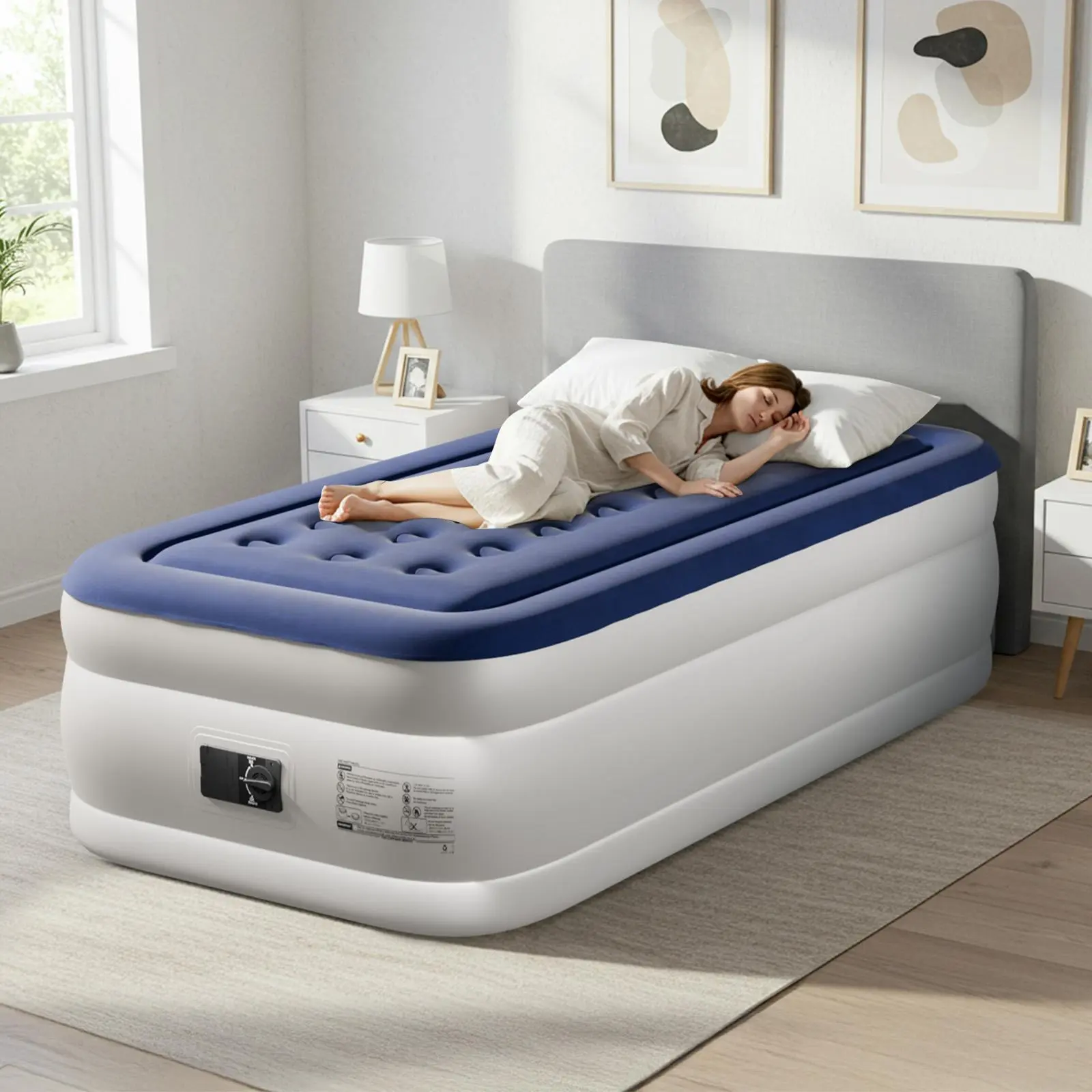 Outvita 18 Inch Single Inflatable Mattress with Built-in Pump, Elevated Comfort Air Mattress, Dual Chamber Airbed, 2 Minute Fast Inflate/Deflate Air Mattress for Family Guest Camping, Blue&White Summervibes