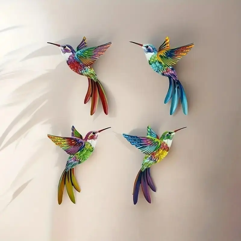 4 Piece Iron Hummingbird Wall Art Decor, Vibrant Colorful Metal Garden Hanging Ornaments Outdoor Courtyard Decoration, Hanging Decorations