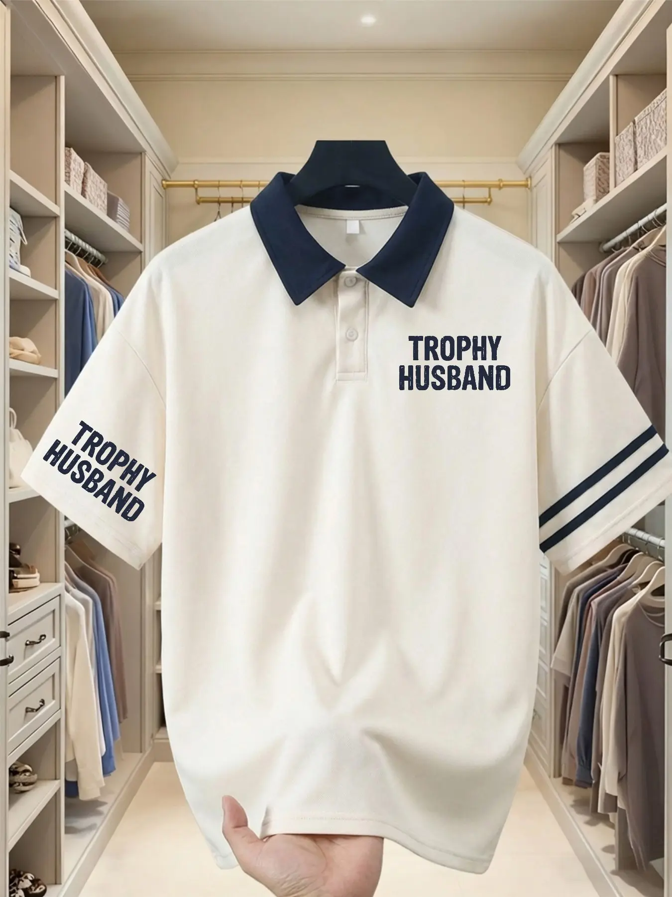 Fgfs Couple Daily Trophy Husband Letter Print Polo Shirt, Contrast Collar, Unisex Short Sleeve, Loose Fit, All Seasons