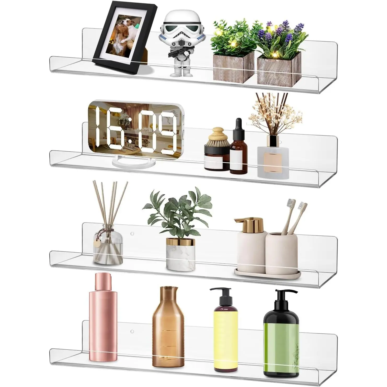 4 Pack  Shelves for Wall, 15" Clear  Floating Shelves for Bathroom Bedroom, Invisible Bookshelf Wall Ledge Storage Shelf Books Perfume Toys Action Figure Display Shelves