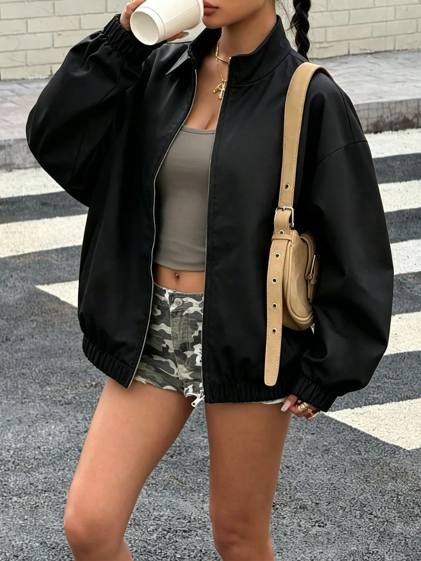 Women's Stand Collar Zip-Up Loose Long Sleeves Windproof Jacket, Ideal for Street Style, Daily Casual Wear and Spring Outings