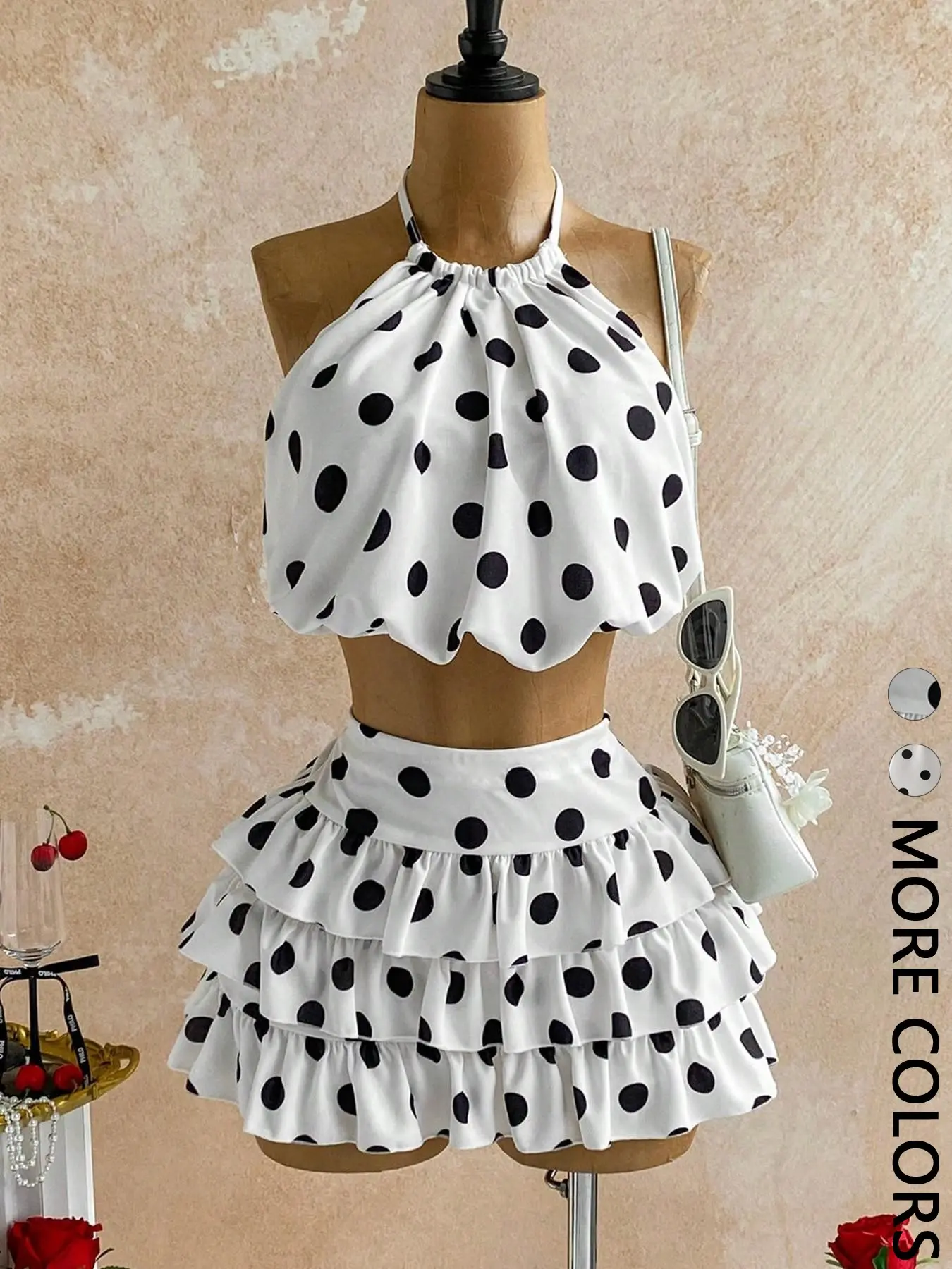 Women's 2-Piece Set, Sleeveless Backless Top + Layered Ruffle Skirt, Vintage Polka Dot Resort Wear, Y2K Style, Perfect for Outing