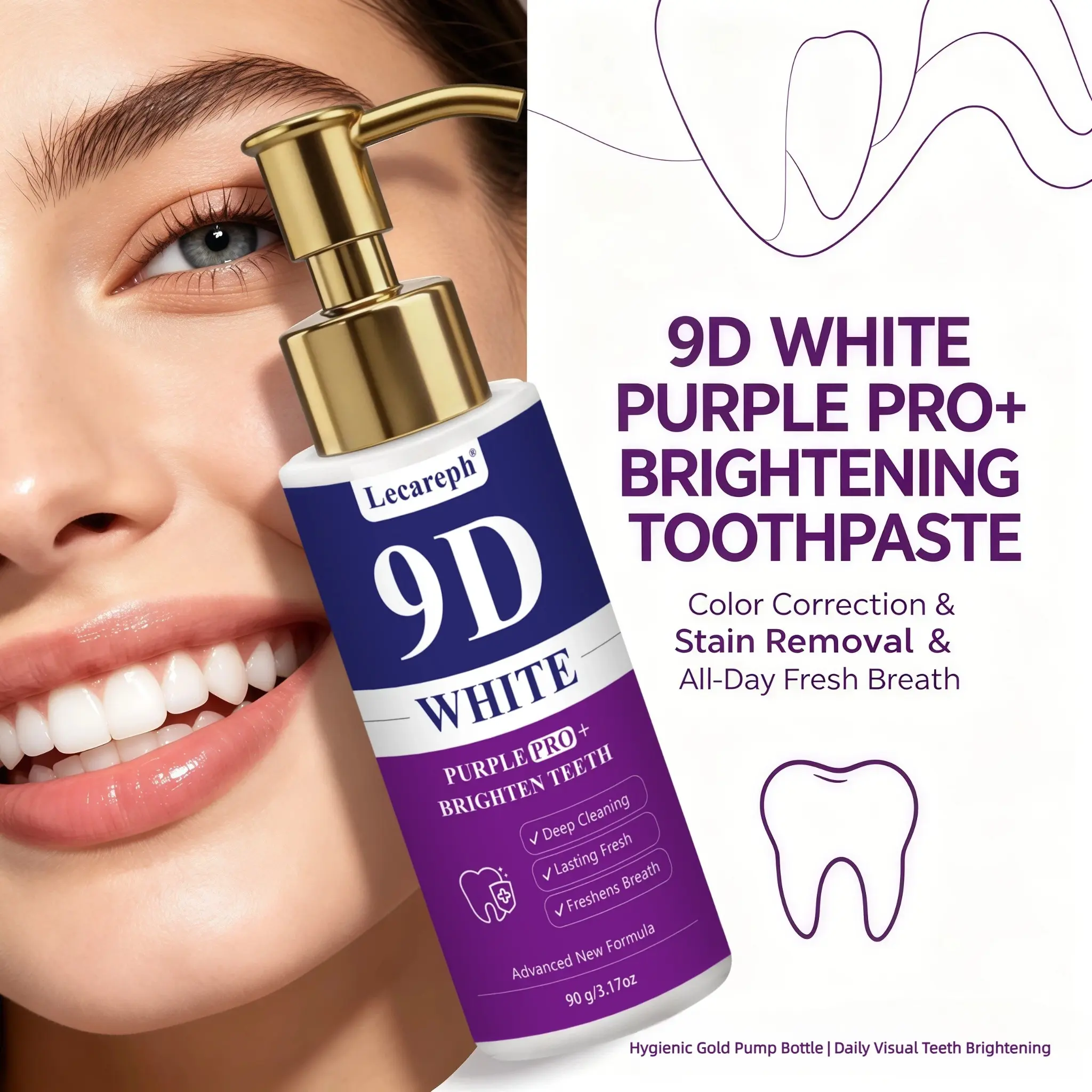Lecareph 9D Brightening Toothpaste 90g Gold Pump Bottle Color Correction Stain Removal Toothpaste for Coffee Tea Wine Drinkers, Lift Surface Yellow Stains Long Lasting Mint Fresh Breath, Hygienic One Press Pump Oral Care Tooth Paste for Adults