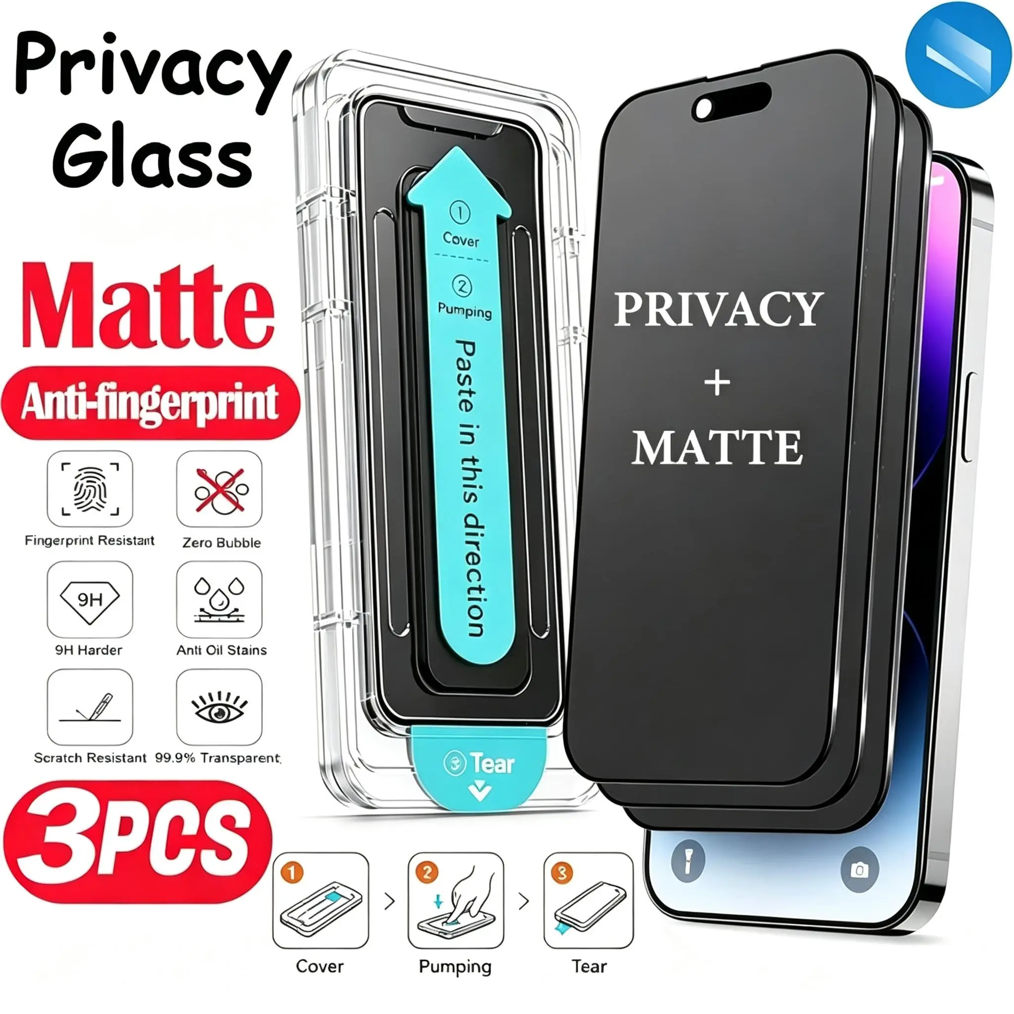3-Pack Matte Anti-Spy Protective Tempered Glass Screen Protector for iPhone11 12 13 14 15 16 17 Promax Pro 16 Plus 16e 17 Air 16e, Includes Installation Kit, 9h Hardness, Anti-Shatter, Anti-Fingerprint