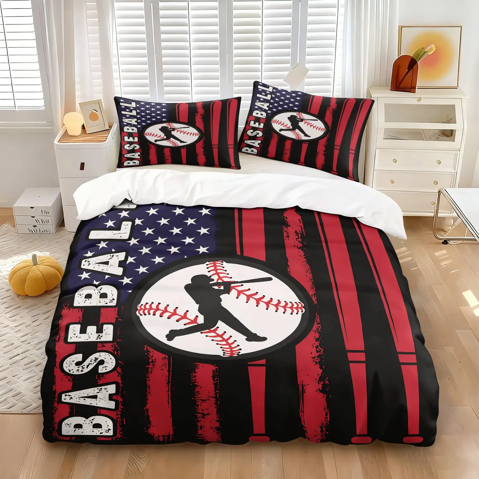 2/3Pcs Baseball American Flag Duvet Cover Set, Vintage Baseball Bat Player Print Comforter Cover, Patriotic Sports Fan Bedding Set with Pillowcases, No Filler, for Boys Teens Men Bedroom Decor