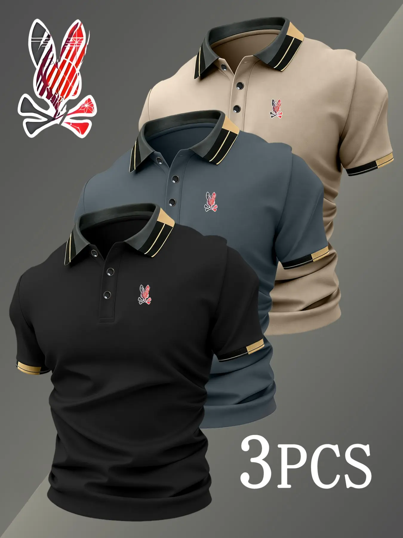Men's Regular-Fit Golf Polo Shirt Set, Skull Rabbit Print, Polo Style, Breathable Comfortable Fabric, All-Season Casual High-Quality Collared Top, Summer Polos, Printed Polo Shirts