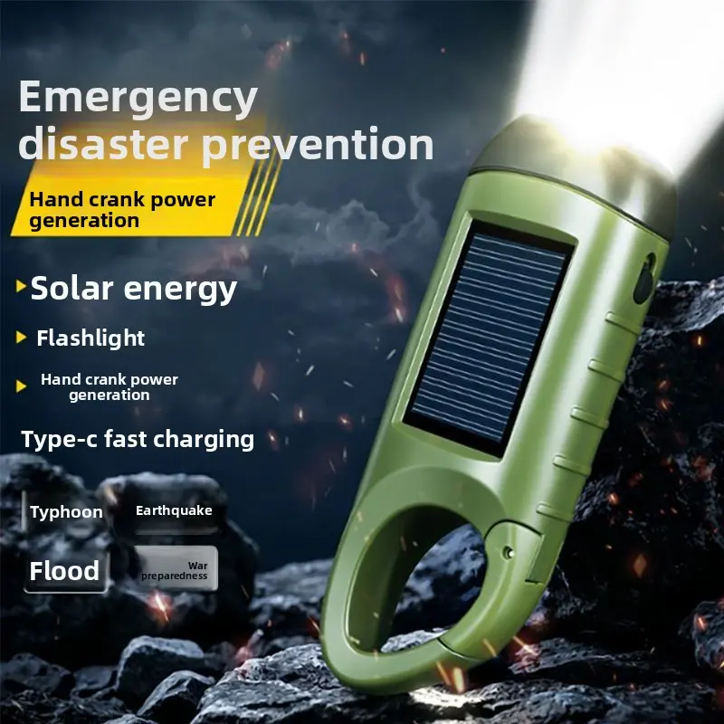 Solar Hand Crank Flashlight Multifunctional Emergency Torch High Brightness Rechargeable Outdoor Survival Light for Camping Hiking Earthquake Preparedness