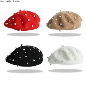 Soft Bead Embellished French Beret Machine Washable Unisex Winter Fashion Solid Color Beanie Hat