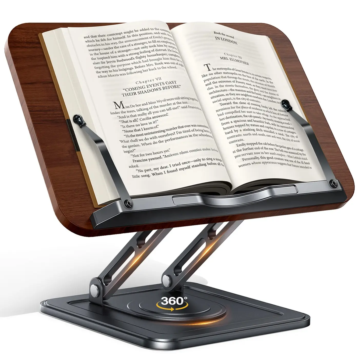 Adjustable Book Stand with 360° Rotating Base, Wooden Aluminum Alloy, Foldable Design, Elastic Clip, Multifunctional Display Rack, Desktop Accessory, Book Accessories for Recipes, Cooking Books, Magazines, Tablets, Laptops