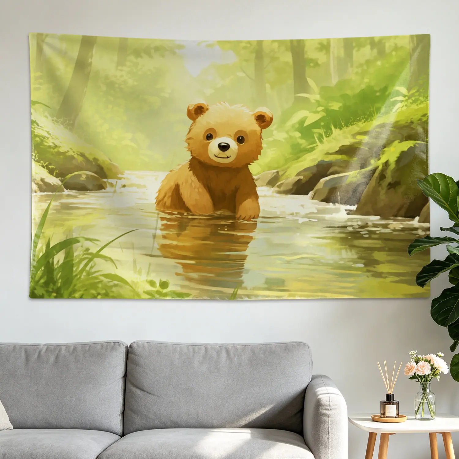 Large-Size Printed Horizontal Forest Bear Stream Landscape Polyester Wall Tapestry - Home Decor Artwork, No-Installation Room Decorations, Decoration for Living Room, Holiday Gift for Family