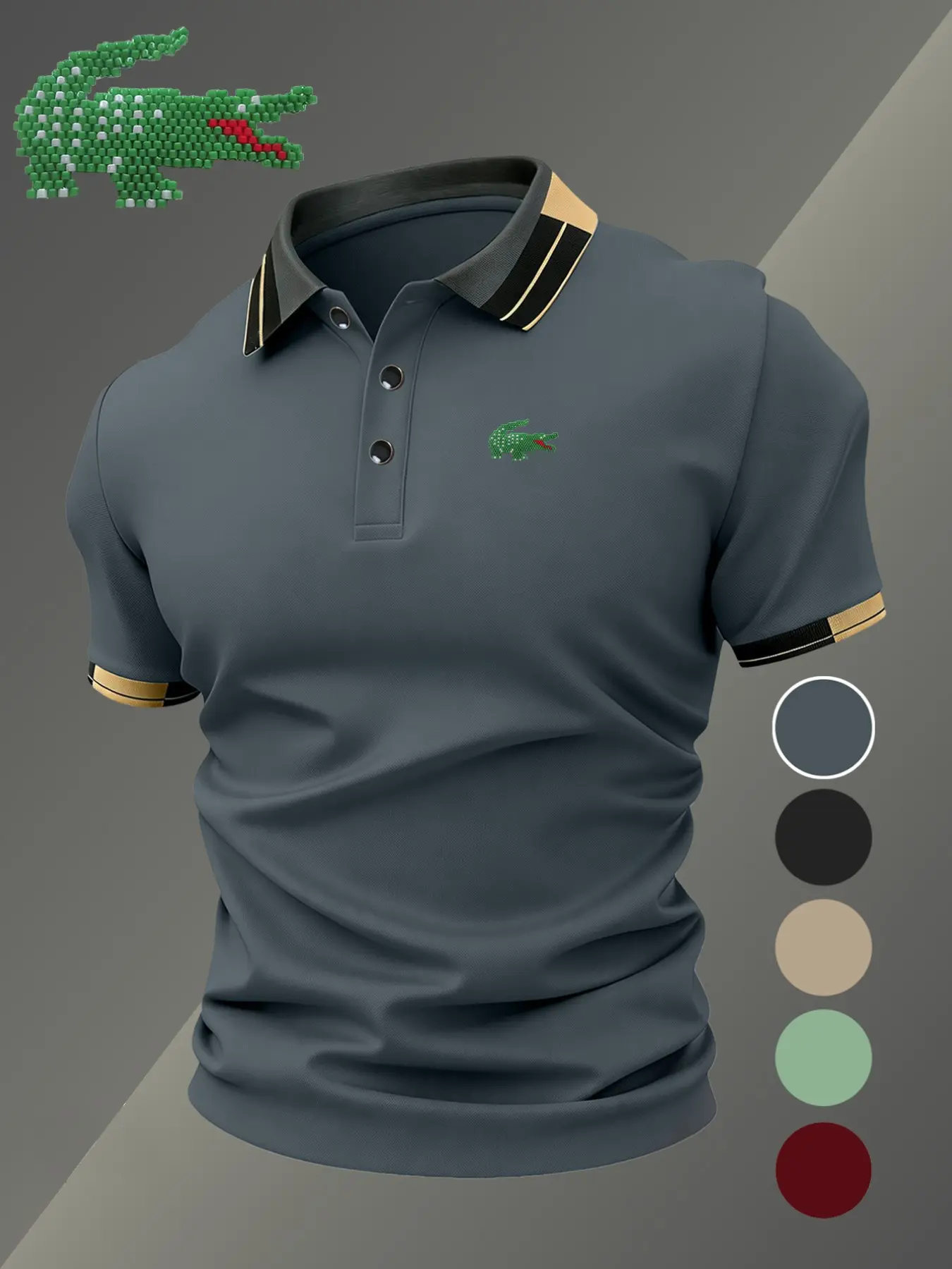 Men's Crocodile Pattern Print Shirt, Fitted Casual Polo, Breathable Stretch Fabric, All-Season Comfort, Durable High-Quality Design